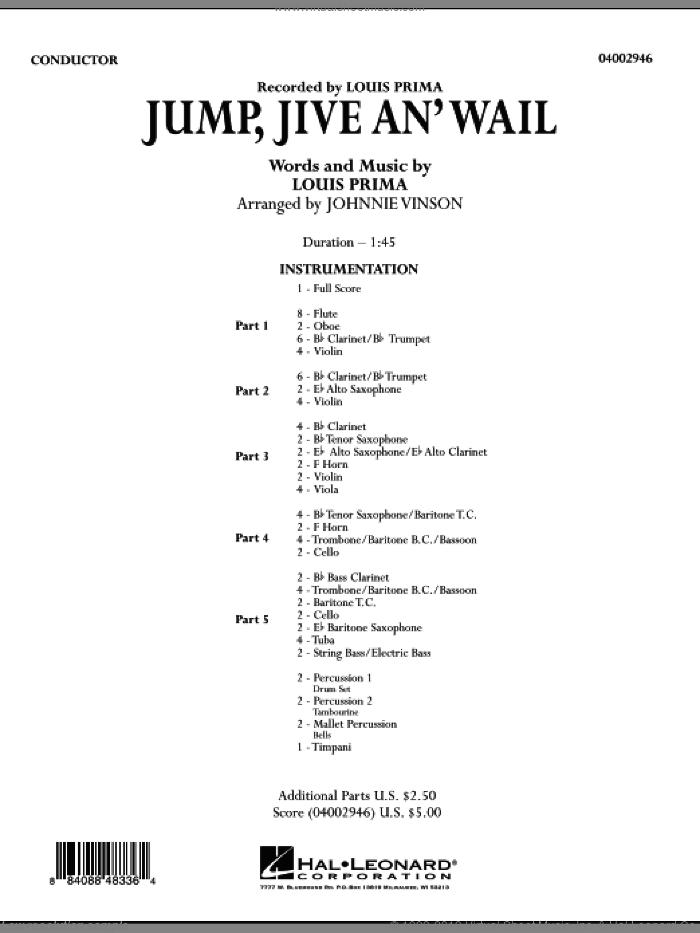 Jump, Jive An' Wail (COMPLETE) sheet music for concert band by Louis Prima, Brian Setzer and Johnnie Vinson, intermediate skill level