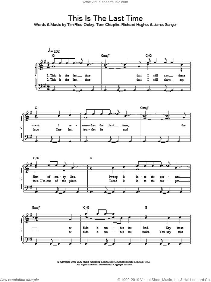 This Is The Last Time sheet music for piano solo by Tim Rice-Oxley, James Sanger and Tom Chaplin, intermediate skill level