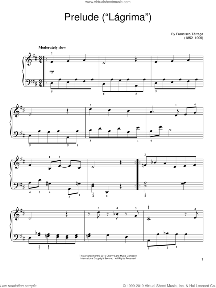 Lagrima sheet music for piano solo by Francisco Tarrega, classical score, easy skill level