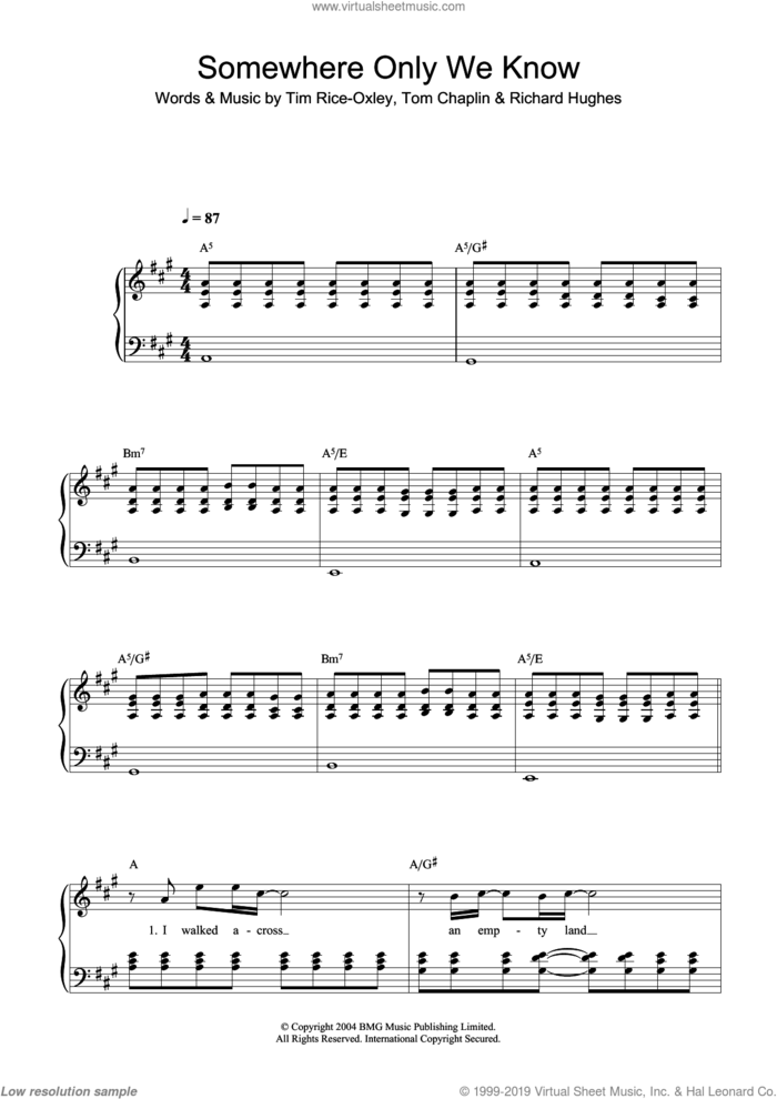 Somewhere Only We Know, (easy) sheet music for piano solo by Tim Rice-Oxley, Richard Hughes and Tom Chaplin, easy skill level