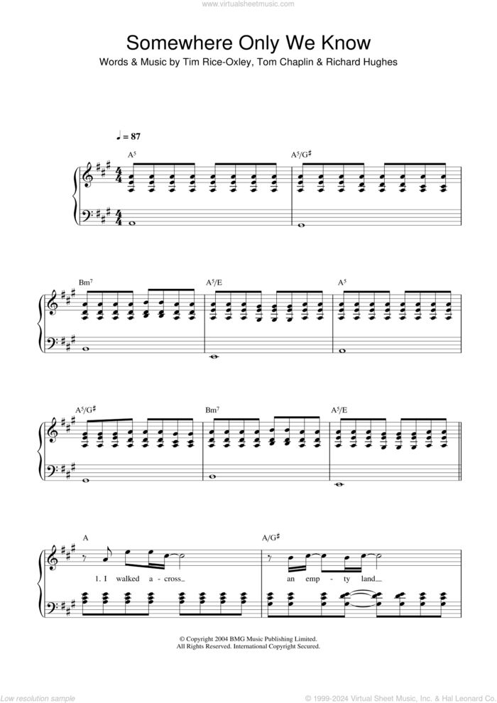 Somewhere Only We Know, (easy) sheet music for piano solo by Tim Rice-Oxley, Richard Hughes and Tom Chaplin, easy skill level