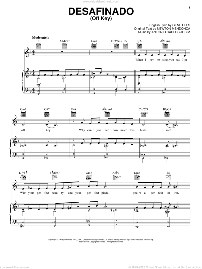 Desafinado (Off Key) sheet music for voice, piano or guitar by Antonio Carlos Jobim, Frank Sinatra, John Pizzarelli, Eugene John Lees and Newton Mendonca, intermediate skill level