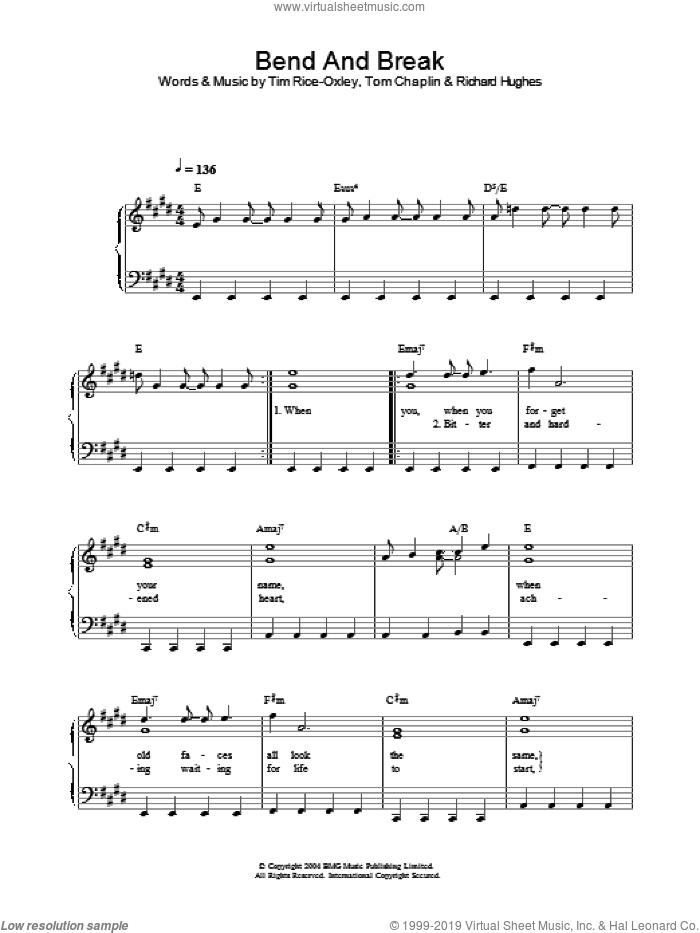 Bend And Break sheet music for piano solo by Tim Rice-Oxley, Richard Hughes and Tom Chaplin, intermediate skill level