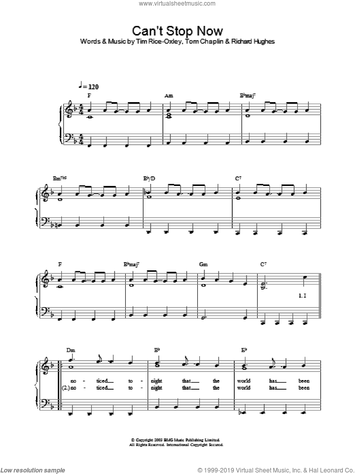 Can't Stop Now sheet music for piano solo by Tim Rice-Oxley, Richard Hughes and Tom Chaplin, intermediate skill level