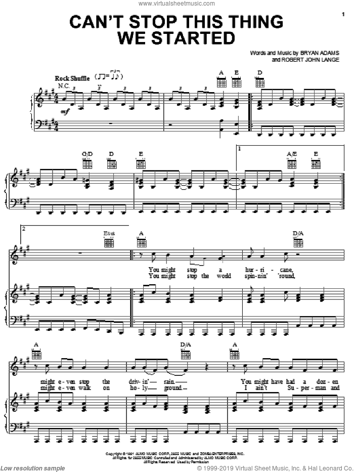 Can't Stop This Thing We Started sheet music for voice, piano or guitar by Bryan Adams and Robert John Lange, intermediate skill level
