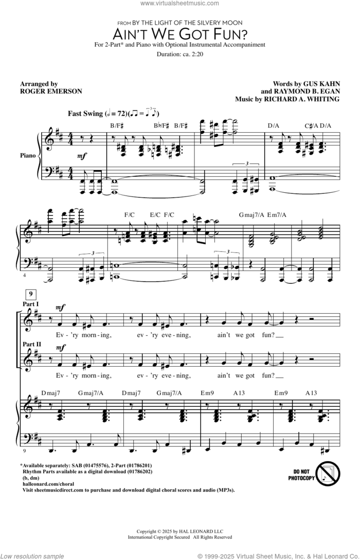 Ain't We Got Fun? (arr. Roger Emerson) sheet music for choir (2-Part) by Richard A. Whiting, Roger Emerson, Gus Kahn and Raymond B. Egan, intermediate duet