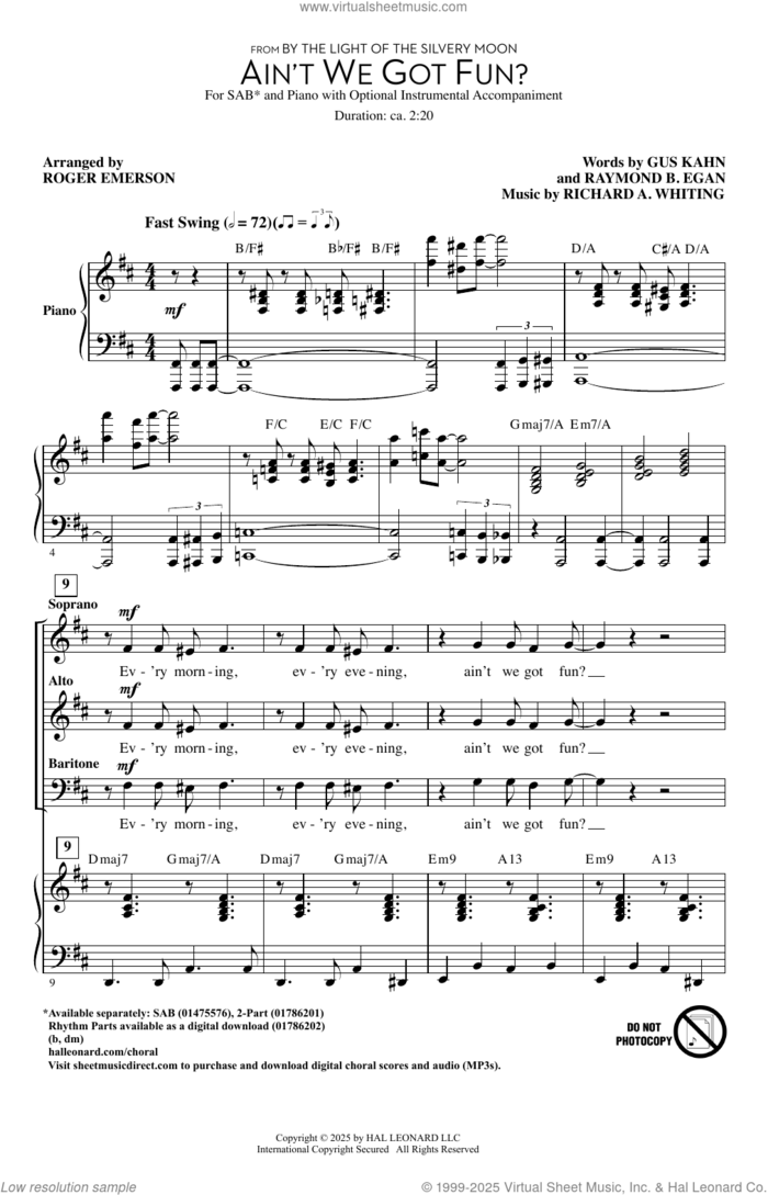 Ain't We Got Fun? (arr. Roger Emerson) sheet music for choir (SAB: soprano, alto, bass) by Richard A. Whiting, Roger Emerson, Gus Kahn and Raymond B. Egan, intermediate skill level