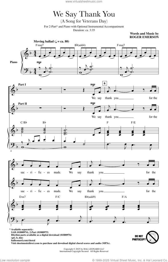 We Say Thank You (A Song For Veterans Day) sheet music for choir (2-Part) by Roger Emerson, intermediate duet