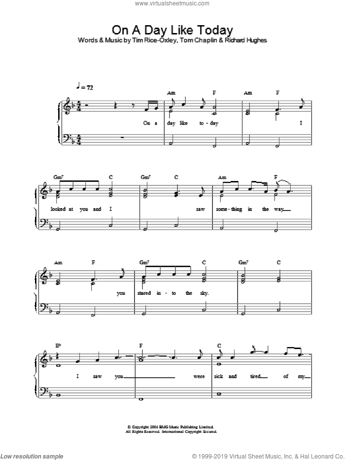 On A Day Like Today sheet music for piano solo by Tim Rice-Oxley, Richard Hughes and Tom Chaplin, intermediate skill level