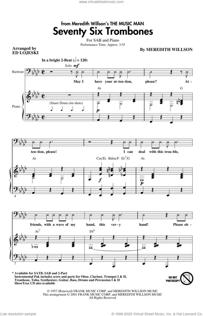 Seventy Six Trombones (arr. Ed Lojeski) sheet music for choir (SAB: soprano, alto, bass) by Meredith Willson and Ed Lojeski, intermediate skill level