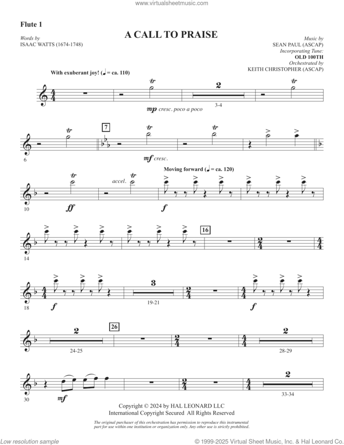 A Call To Praise sheet music for orchestra/band (flute 1) by Sean Paul, Isaac Watts and Psalm 150, intermediate skill level