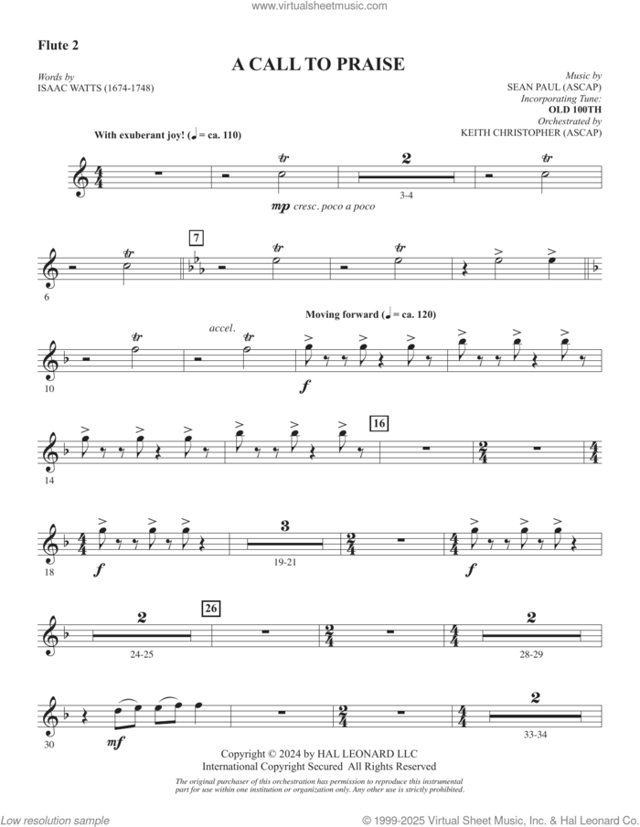 A Call To Praise sheet music for orchestra/band (flute 2) by Sean Paul, Isaac Watts and Psalm 150, intermediate skill level