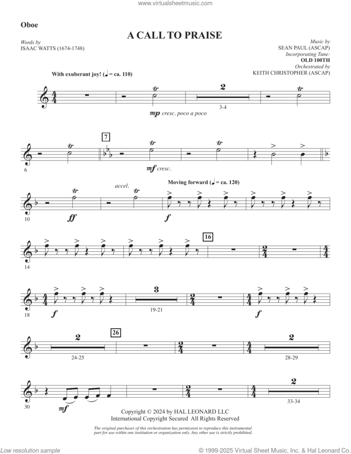 A Call To Praise sheet music for orchestra/band (oboe) by Sean Paul, Isaac Watts and Psalm 150, intermediate skill level