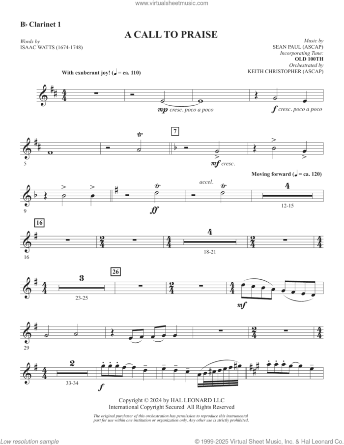 A Call To Praise sheet music for orchestra/band (Bb clarinet 1) by Sean Paul, Isaac Watts and Psalm 150, intermediate skill level