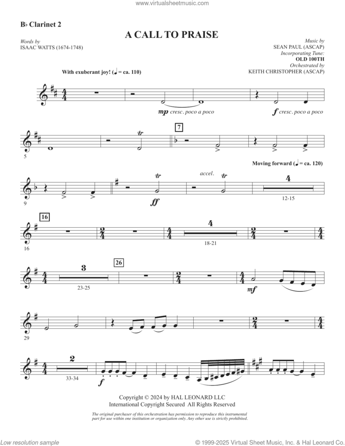 A Call To Praise sheet music for orchestra/band (Bb clarinet 2) by Sean Paul, Isaac Watts and Psalm 150, intermediate skill level