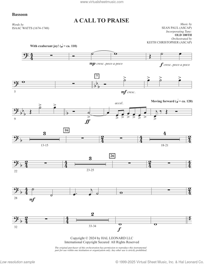 A Call To Praise sheet music for orchestra/band (bassoon) by Sean Paul, Isaac Watts and Psalm 150, intermediate skill level