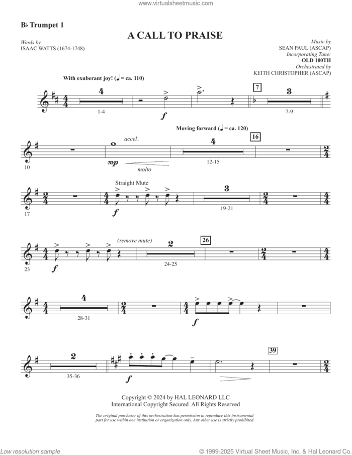 A Call To Praise sheet music for orchestra/band (Bb trumpet 1) by Sean Paul, Isaac Watts and Psalm 150, intermediate skill level