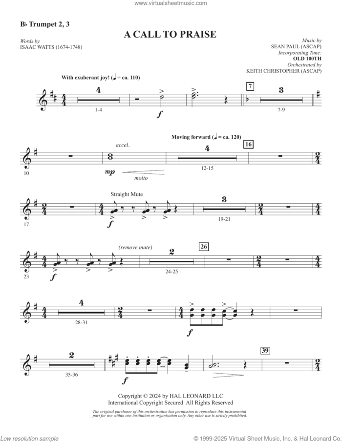 A Call To Praise sheet music for orchestra/band (Bb trumpet 2,3) by Sean Paul, Isaac Watts and Psalm 150, intermediate skill level