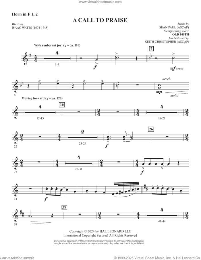 A Call To Praise sheet music for orchestra/band (f horn 1,2) by Sean Paul, Isaac Watts and Psalm 150, intermediate skill level