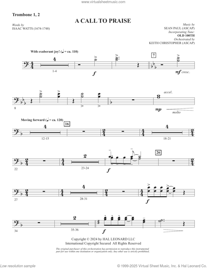 A Call To Praise sheet music for orchestra/band (trombone 1,2) by Sean Paul, Isaac Watts and Psalm 150, intermediate skill level