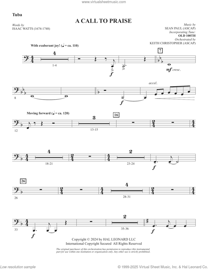 A Call To Praise sheet music for orchestra/band (tuba) by Sean Paul, Isaac Watts and Psalm 150, intermediate skill level