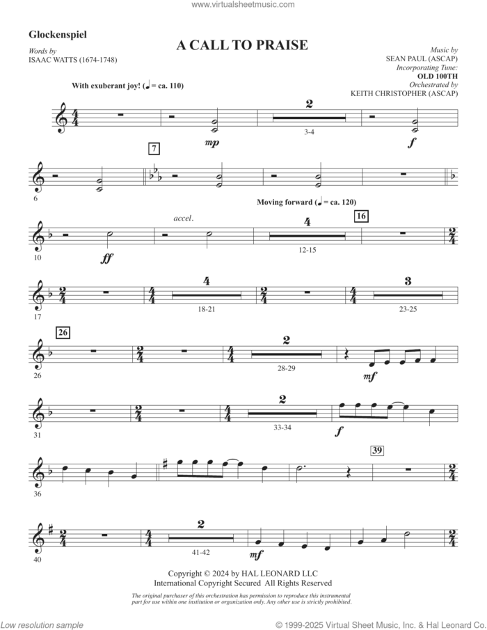 A Call To Praise sheet music for orchestra/band (glockenspiel) by Sean Paul, Isaac Watts and Psalm 150, intermediate skill level