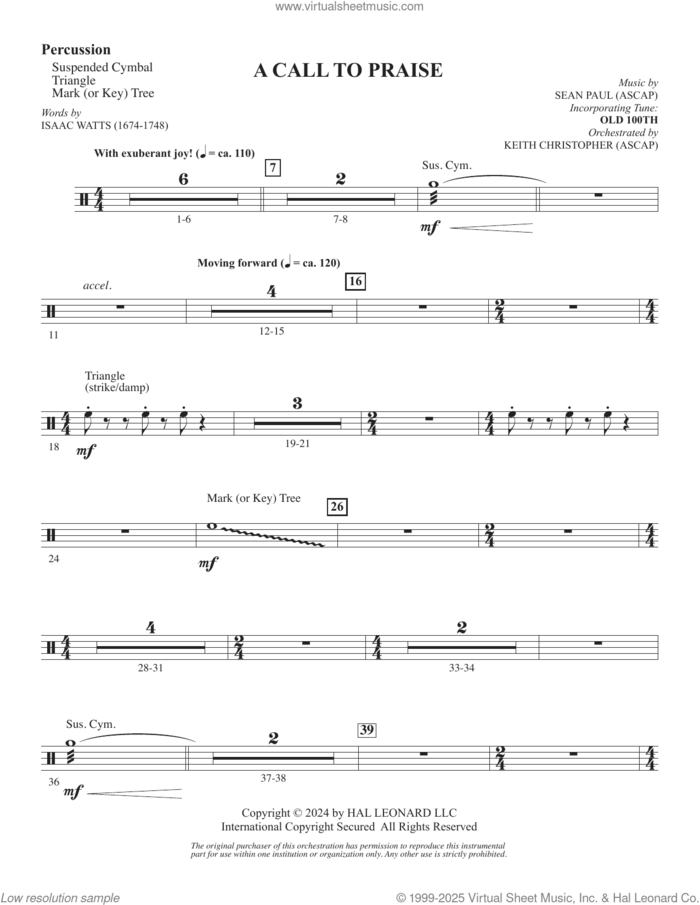 A Call To Praise sheet music for orchestra/band (percussion) by Sean Paul, Isaac Watts and Psalm 150, intermediate skill level