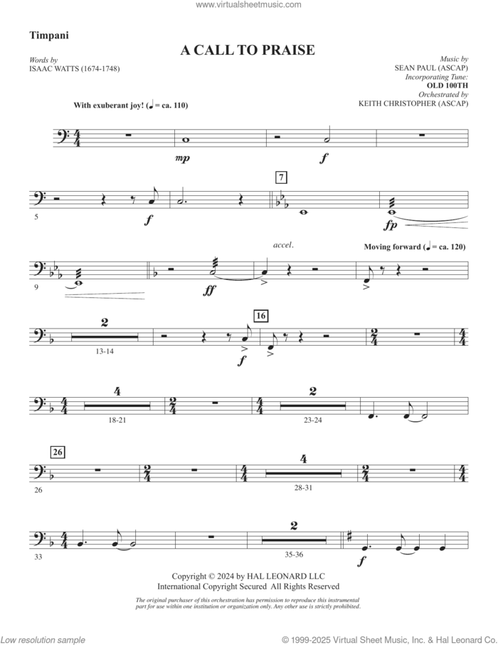 A Call To Praise sheet music for orchestra/band (timpani) by Sean Paul, Isaac Watts and Psalm 150, intermediate skill level