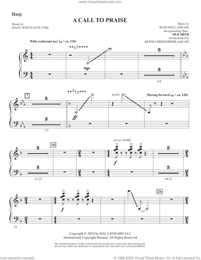 A Call To Praise sheet music for orchestra/band (harp) by Sean Paul, Isaac Watts and Psalm 150, intermediate skill level