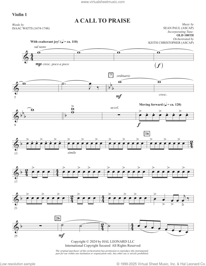 A Call To Praise sheet music for orchestra/band (violin 1) by Sean Paul, Isaac Watts and Psalm 150, intermediate skill level