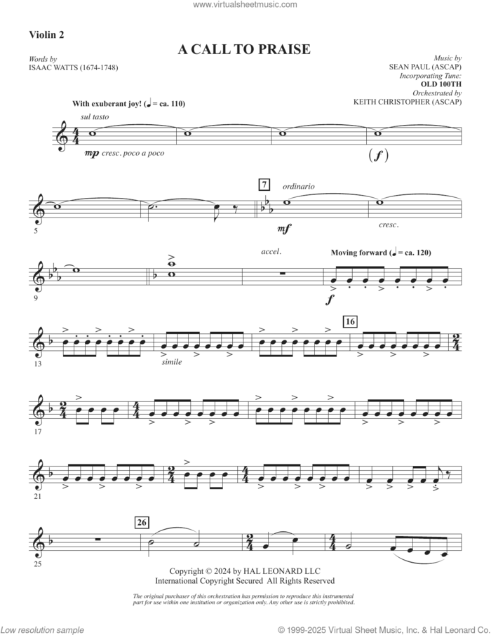 A Call To Praise sheet music for orchestra/band (violin 2) by Sean Paul, Isaac Watts and Psalm 150, intermediate skill level