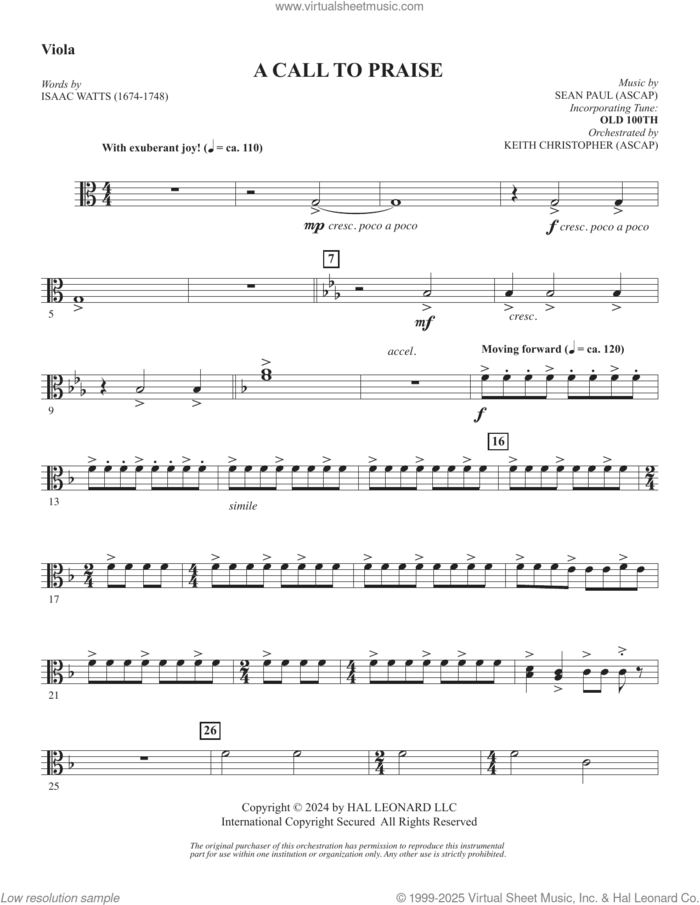 A Call To Praise sheet music for orchestra/band (viola) by Sean Paul, Isaac Watts and Psalm 150, intermediate skill level