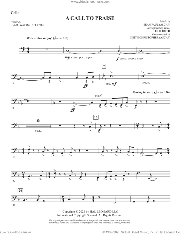 A Call To Praise sheet music for orchestra/band (cello) by Sean Paul, Isaac Watts and Psalm 150, intermediate skill level