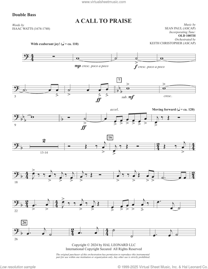 A Call To Praise sheet music for orchestra/band (double bass) by Sean Paul, Isaac Watts and Psalm 150, intermediate skill level