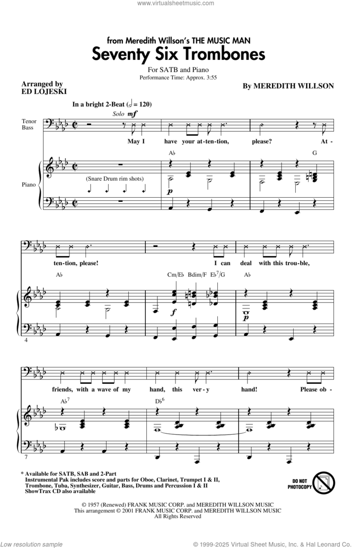 Seventy Six Trombones (arr. Ed Lojeski) sheet music for choir (SATB: soprano, alto, tenor, bass) by Meredith Willson and Ed Lojeski, intermediate skill level