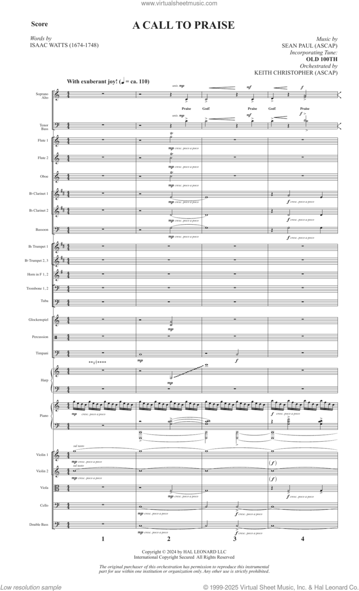 A Call To Praise (arr. Ed Lojeski) (COMPLETE) sheet music for orchestra/band by Sean Paul, Isaac Watts and Psalm 150, intermediate skill level