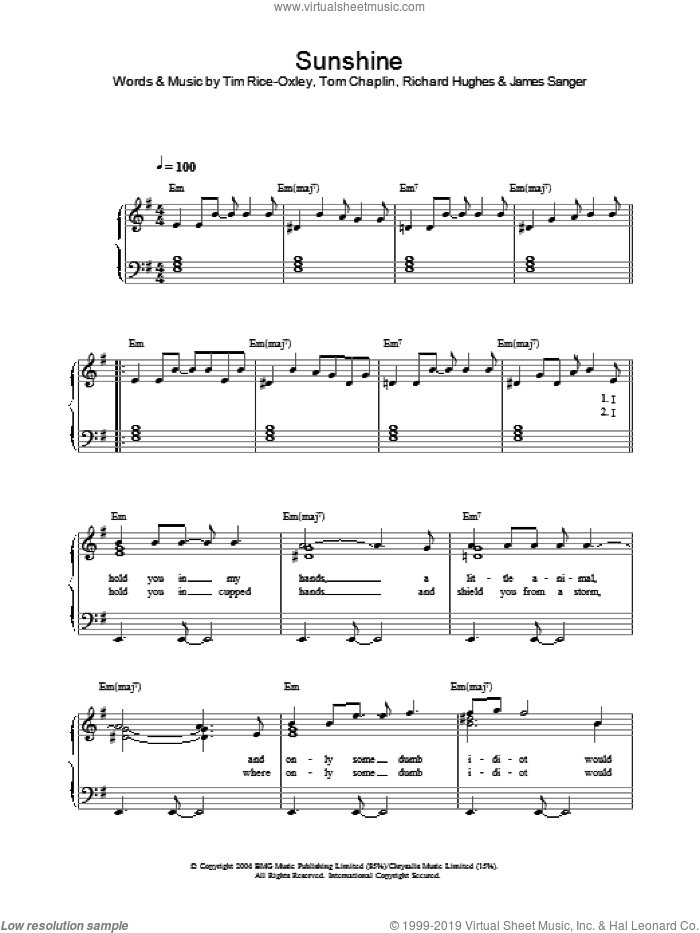 Sunshine sheet music for piano solo by Tim Rice-Oxley, Richard Hughes and Tom Chaplin, intermediate skill level