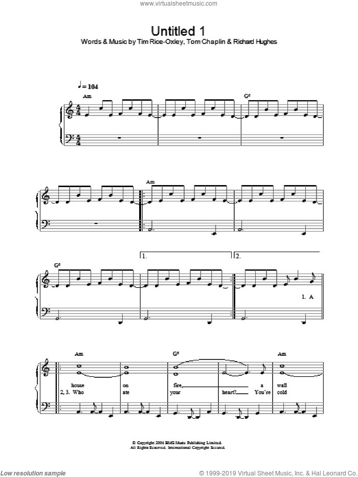 Untitled 1 sheet music for piano solo by Tim Rice-Oxley, Richard Hughes and Tom Chaplin, intermediate skill level