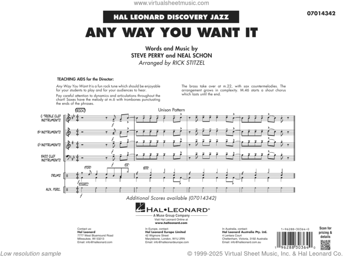 Any Way You Want It (arr. Rick Stitzel) (COMPLETE) sheet music for jazz band by Journey, Neal Schon, Rick Stitzel and Steve Perry, intermediate skill level