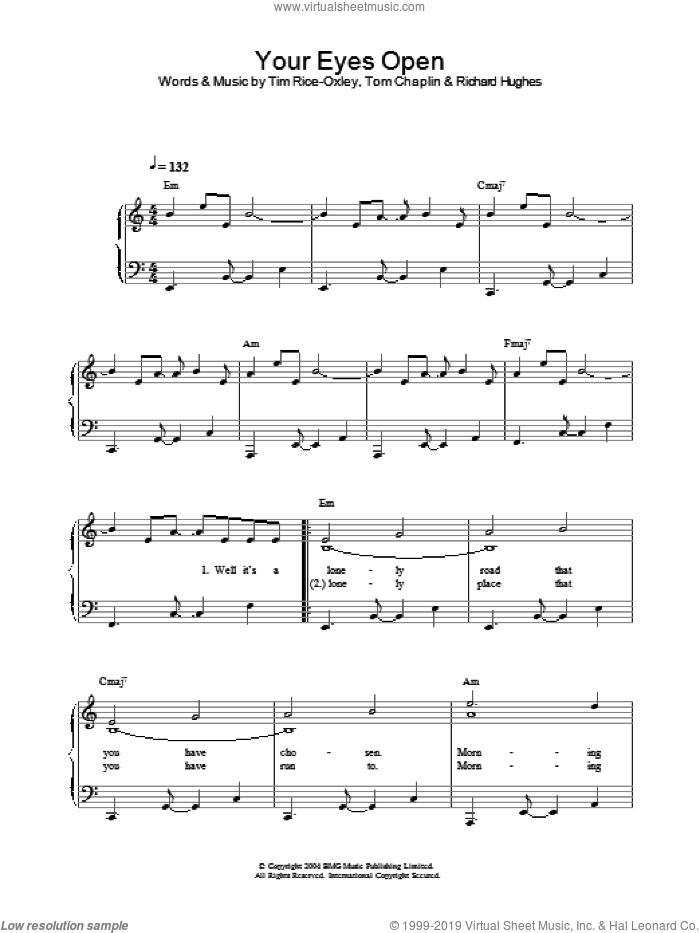 Your Eyes Open sheet music for piano solo by Tim Rice-Oxley, Richard Hughes and Tom Chaplin, intermediate skill level