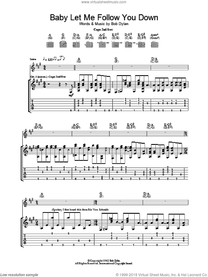 Baby Let Me Follow You Down sheet music for guitar (tablature) by Bob Dylan, intermediate skill level