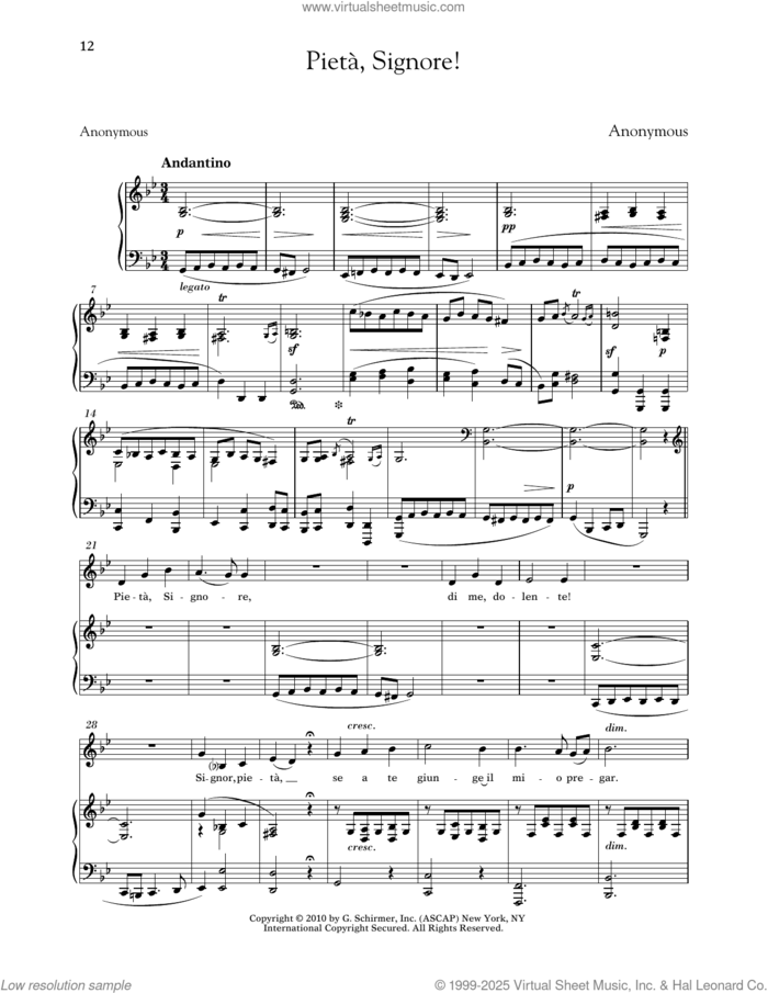 Pieta, Signore! (Low Voice) sheet music for voice and piano (Low Voice) by Anonymous and Richard Walters, classical score, intermediate skill level