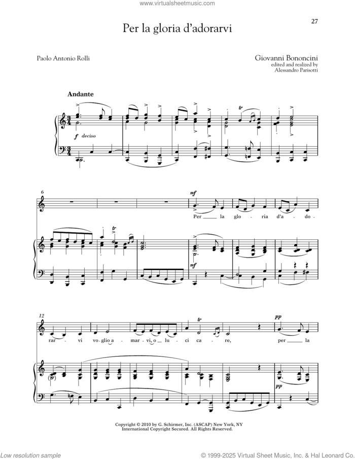 Per La Gloria D'adorarvi (Low Voice) sheet music for voice and piano (Low Voice) by Giovanni Bononcini, Alessandro Parisotti (ed.), Richard Walters and Paolo Antonio Rolli, classical score, intermediate skill level