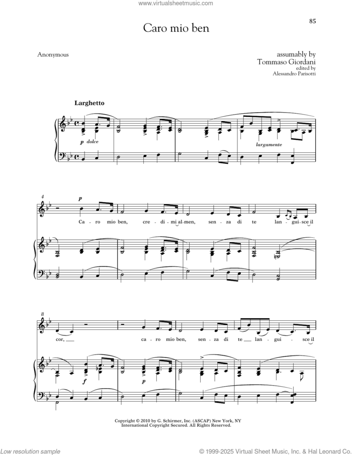 Caro Mio Ben (Low Voice) sheet music for voice and piano (Low Voice) by Tommaso Giordani, Alessandro Parisotti (ed.), Richard Walters and Anonymous, classical score, intermediate skill level