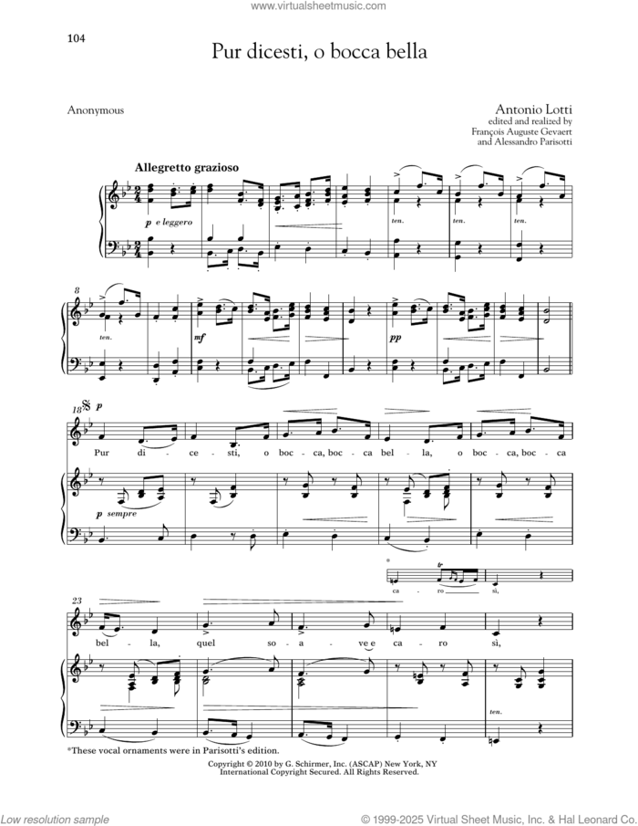 Pur Dicesti, O Bocca Bella (Low Voice) sheet music for voice and piano (Low Voice) by Antonio Lotti, Alessandro Parisotti (ed.), Francois Auguste Gevaert (ed.), Richard Walters and Anonymous, classical score, intermediate skill level