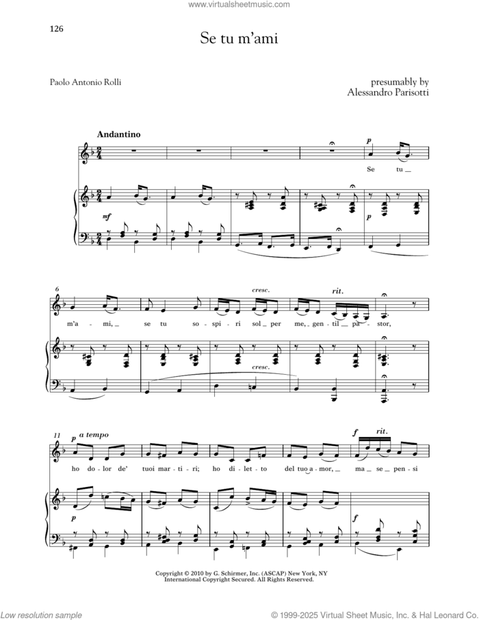 Se Tu M'ami (Low Voice) sheet music for voice and piano (Low Voice) by Alessandro Parisotti, Richard Walters and Paolo Antonio Rolli, classical score, intermediate skill level