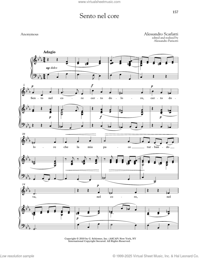 Sento Nel Core (Low Voice) sheet music for voice and piano (Low Voice) by Alessandro Scarlatti, Alessandro Parisotti (ed.), Richard Walters and Anonymous, classical score, intermediate skill level