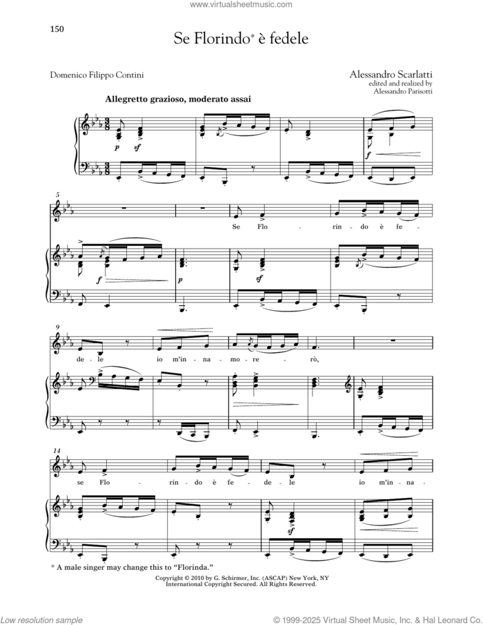 Se Florindo E Fedele (Low Voice) sheet music for voice and piano (Low Voice) by Alessandro Scarlatti, Alessandro Parisotti (ed.), Richard Walters and Domenico Filippo Contini, classical score, intermediate skill level