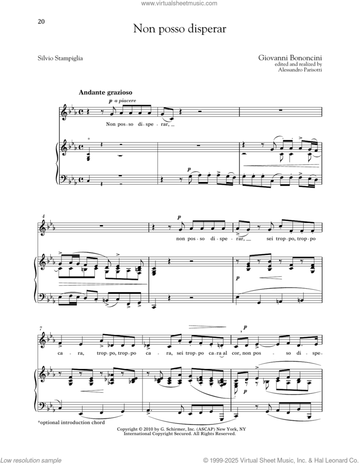 Non Posso Disperar (Low Voice) sheet music for voice and piano (Low Voice) by Giovanni Bononcini, Alessandro Parisotti (ed.), Richard Walters and Silvio Stampiglia, classical score, intermediate skill level