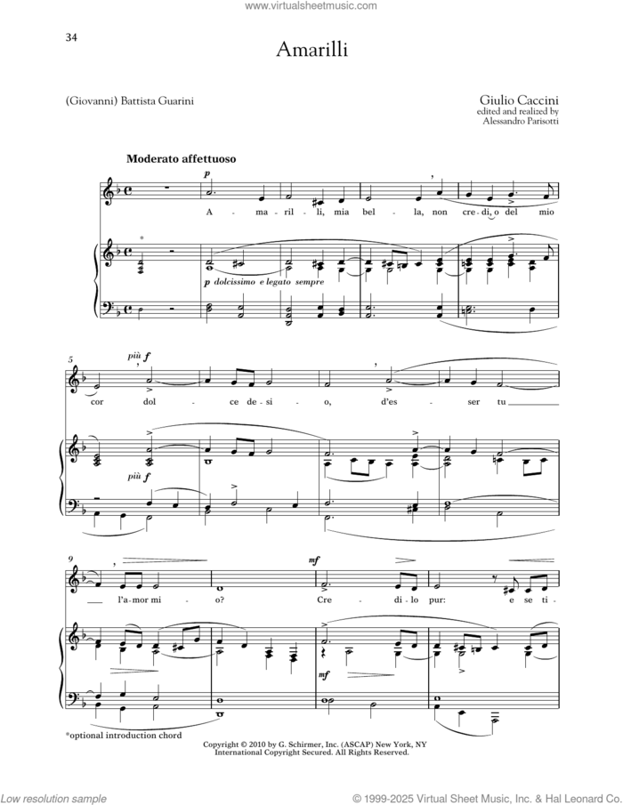 Amarilli (Low Voice) sheet music for voice and piano (Low Voice) by Giulio Caccini, Alessandro Parisotti (ed.), Richard Walters and (Giovanni) Battista Guarini, classical score, intermediate skill level